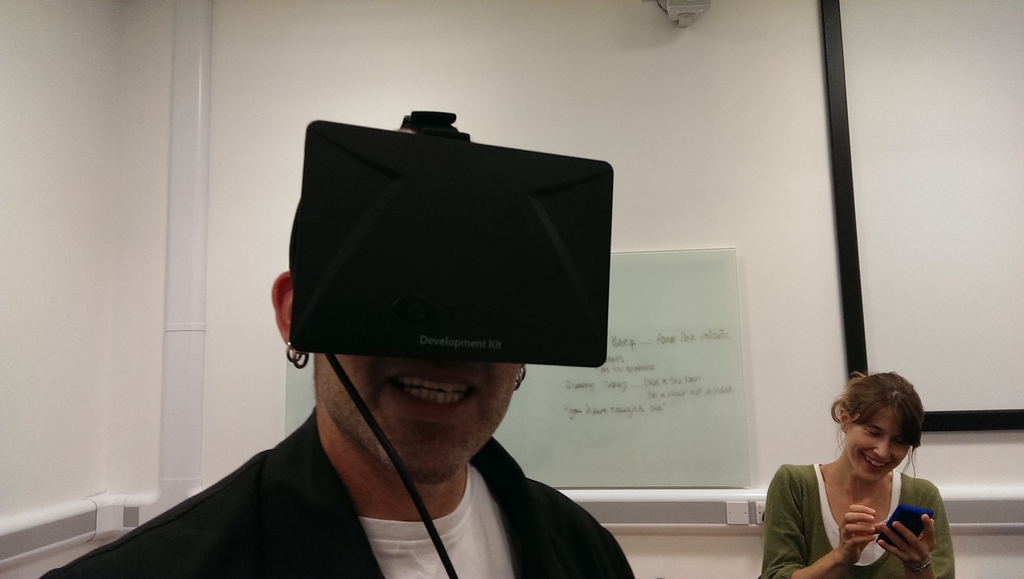 Photo: Mark Levene testing an Oculus Rift VR headset